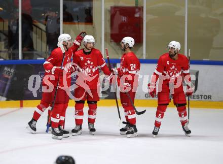 Eishockey. Teststpiel. KAC gegen EC Bad Nauheim.    Torjubel Petersen Nick, Maier David, Strong Steven, Lucas Lessio  Ticar Rok (KAC). Bled 21.8.2022.
Foto: Kuess
---
pressefotos, pressefotografie, kuess, qs, qspictures, sport, bild, bilder, bilddatenbank