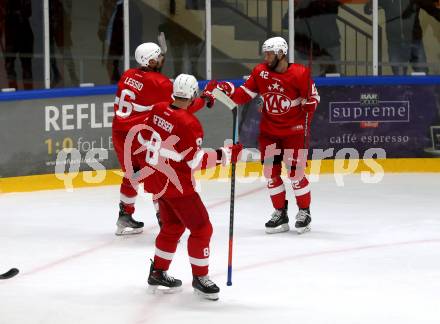 Eishockey. Teststpiel. KAC gegen EC Bad Nauheim.    Torjubel Petersen Nick, Strong Steven, Lucas Lessio  Ticar Rok (KAC). Bled 21.8.2022.
Foto: Kuess
---
pressefotos, pressefotografie, kuess, qs, qspictures, sport, bild, bilder, bilddatenbank