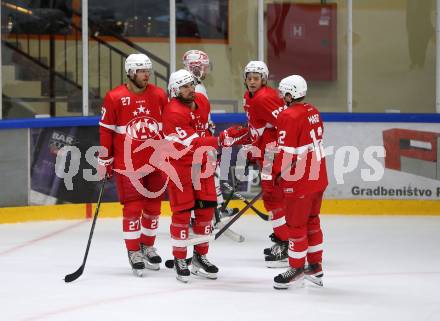 Eishockey. Teststpiel. KAC gegen EC Bad Nauheim.    Torjubel Hundertpfund Thomas, Maier David, Lucas Lessio  (KAC). Bled 21.8.2022.
Foto: Kuess
---
pressefotos, pressefotografie, kuess, qs, qspictures, sport, bild, bilder, bilddatenbank