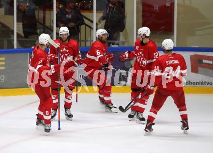 Eishockey. Teststpiel. KAC gegen EC Bad Nauheim.    Torjubel Petersen Nick, Maier David, Strong Steven, Lucas Lessio  Ticar Rok (KAC). Bled 21.8.2022.
Foto: Kuess
---
pressefotos, pressefotografie, kuess, qs, qspictures, sport, bild, bilder, bilddatenbank