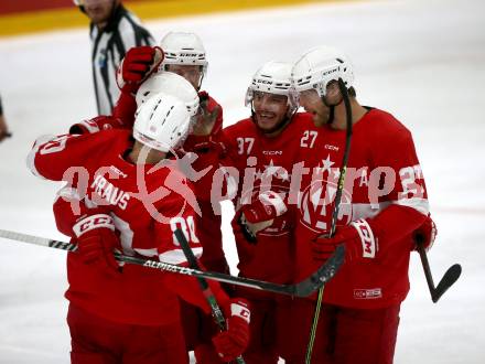 Eishockey. Teststpiel. KAC gegen EC Bad Nauheim.   Torjubel Kraus Niki, Jensen Aabo Jesper, Postma Paul, Hochegger Fabian, Hundertpfund Thomas. Bled 21.8.2022.
Foto: Kuess
---
pressefotos, pressefotografie, kuess, qs, qspictures, sport, bild, bilder, bilddatenbank