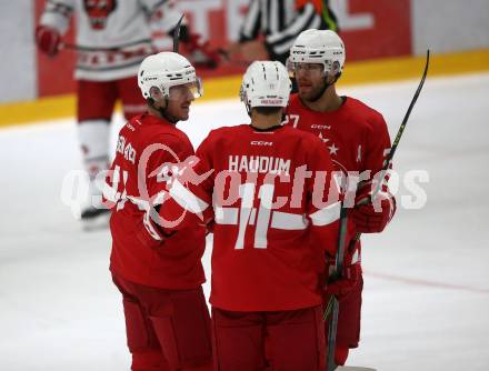 Eishockey. Teststpiel. KAC gegen EC Bad Nauheim.   Torjubel Jensen Aabo Jesper, Haudum Lukas, Hundertpfund Thomas. Bled 21.8.2022.
Foto: Kuess
---
pressefotos, pressefotografie, kuess, qs, qspictures, sport, bild, bilder, bilddatenbank