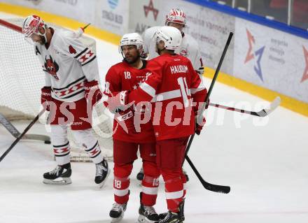 Eishockey. Teststpiel. KAC gegen EC Bad Nauheim.   Torjubel Koch Thomas, Haudum Lukas. Bled 21.8.2022.
Foto: Kuess
---
pressefotos, pressefotografie, kuess, qs, qspictures, sport, bild, bilder, bilddatenbank