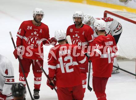 Eishockey. Teststpiel. KAC gegen EC Bad Nauheim.   Torjubel Strong Steven, Koch Thomas, Haudum Lukas. Bled 21.8.2022.
Foto: Kuess
---
pressefotos, pressefotografie, kuess, qs, qspictures, sport, bild, bilder, bilddatenbank