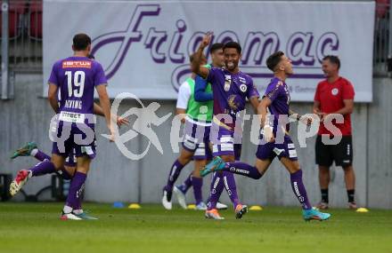 Fussball Bundesliga.  SK Austria Klagenfurt gegen FK Austria Wien.  Torjubel Florian Rieder, Michael Blauensteiner  (Klagenfurt). Klagenfurt, am 28.8.2022. 
Foto: Kuess

---
pressefotos, pressefotografie, kuess, qs, qspictures, sport, bild, bilder, bilddatenbank
