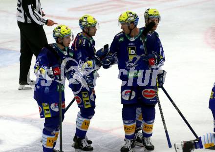 EBEL. Eishockey Bundesliga. VSV gegen BEMER Pioneers Vorarlberg.  Torjubel Elias Jeronimo Wallenta, Felix Maxa, Simon Despres (VSV). Villach, am 22.92022.
Foto: Kuess
www.qspictures.net
---
pressefotos, pressefotografie, kuess, qs, qspictures, sport, bild, bilder, bilddatenbank