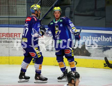 EBEL. Eishockey Bundesliga. VSV gegen BEMER Pioneers Vorarlberg. Torjubel Simon Despres, Blaz Tomazevic  (VSV). Villach, am 22.92022.
Foto: Kuess
www.qspictures.net
---
pressefotos, pressefotografie, kuess, qs, qspictures, sport, bild, bilder, bilddatenbank