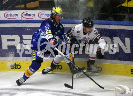 EBEL. Eishockey Bundesliga. VSV gegen BEMER Pioneers Vorarlberg.  Philipp Lindner,  (VSV),   Yannik Lebeda (Vorarlberg). Villach, am 22.92022.
Foto: Kuess
www.qspictures.net
---
pressefotos, pressefotografie, kuess, qs, qspictures, sport, bild, bilder, bilddatenbank