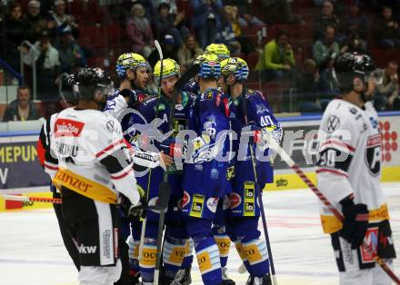 EBEL. Eishockey Bundesliga. VSV gegen BEMER Pioneers Vorarlberg.   Torjubel Kevin Moderer, Philipp Lindner, Elias Jeronimo Wallenta (VSV). Villach, am 22.92022.
Foto: Kuess
www.qspictures.net
---
pressefotos, pressefotografie, kuess, qs, qspictures, sport, bild, bilder, bilddatenbank