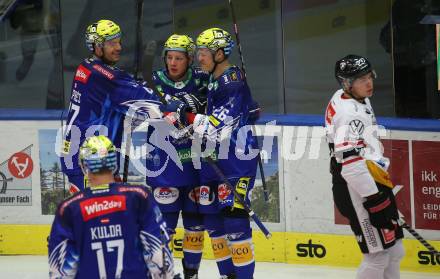 EBEL. Eishockey Bundesliga. VSV gegen BEMER Pioneers Vorarlberg.  Torjubel Simon Despres, Blaz Tomazevic, Dominik Grafenthin (VSV). Villach, am 22.92022.
Foto: Kuess
www.qspictures.net
---
pressefotos, pressefotografie, kuess, qs, qspictures, sport, bild, bilder, bilddatenbank