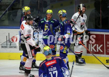 EBEL. Eishockey Bundesliga. VSV gegen BEMER Pioneers Vorarlberg.  Torjubel Simon Despres, Blaz Tomazevic, Dominik Grafenthin (VSV). Villach, am 22.92022.
Foto: Kuess
www.qspictures.net
---
pressefotos, pressefotografie, kuess, qs, qspictures, sport, bild, bilder, bilddatenbank
