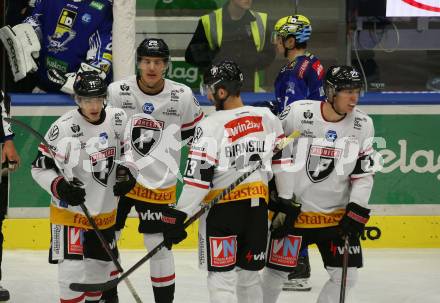 EBEL. Eishockey Bundesliga. VSV gegen BEMER Pioneers Vorarlberg.  Torjubel Christian Bull, Yannik Lebeda, Steven Birnstill (Vorarlberg). Villach, am 22.92022.
Foto: Kuess
www.qspictures.net
---
pressefotos, pressefotografie, kuess, qs, qspictures, sport, bild, bilder, bilddatenbank