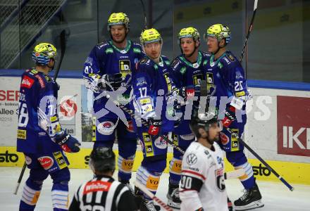 EBEL. Eishockey Bundesliga. VSV gegen BEMER Pioneers Vorarlberg. Torjubel Simon Despres, Blaz Tomazevic, Dominik Grafenthin, Arturs Kulda, Felix Maxa  (VSV). Villach, am 22.92022.
Foto: Kuess
www.qspictures.net
---
pressefotos, pressefotografie, kuess, qs, qspictures, sport, bild, bilder, bilddatenbank