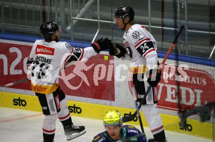 EBEL. Eishockey Bundesliga. VSV gegen BEMER Pioneers Vorarlberg.  Torjubel Jack, Jacome, Hampus Eriksson (Vorarlberg). Villach, am 22.92022.
Foto: Kuess
www.qspictures.net
---
pressefotos, pressefotografie, kuess, qs, qspictures, sport, bild, bilder, bilddatenbank