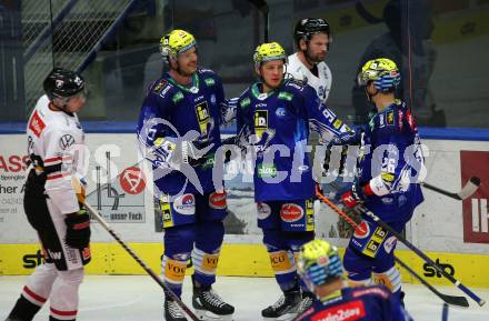 EBEL. Eishockey Bundesliga. VSV gegen BEMER Pioneers Vorarlberg.  Torjubel Simon Despres, Blaz Tomazevic, Dominik Grafenthin (VSV). Villach, am 22.92022.
Foto: Kuess
www.qspictures.net
---
pressefotos, pressefotografie, kuess, qs, qspictures, sport, bild, bilder, bilddatenbank