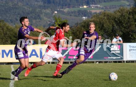 Fussball Testspiel. SK Austria Klagenfurt gegen GAK.  Andrew Irving, Christopher CVetko, (Klagenfurt), Levan Eloshvili (Graz). St. Michael im Lavanttal, am 23.9.2022.
Foto: Kuess
---
pressefotos, pressefotografie, kuess, qs, qspictures, sport, bild, bilder, bilddatenbank