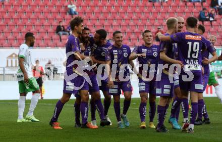 Fussball Bundesliga. SK Austria Klagenfurt gegen SC Austria Lustenau.  Torjubel Thorsten Mahrer, Kosmas Gkezos, Markus Pink, Sinan Karweina, Nicolas Wimmer, Christopher Cvetko, Florian Rieder (Klagenfurt). Klagenfurt, am 8.10.2022.
Foto: Kuess
---
pressefotos, pressefotografie, kuess, qs, qspictures, sport, bild, bilder, bilddatenbank