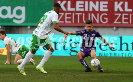 Fussball Bundesliga. SK Austria Klagenfurt gegen SC Austria Lustenau.  Till Sebastian Schumacher, (Klagenfurt), Anderson Dos Santos Gomes  (Lustenau). Klagenfurt, am 8.10.2022.
Foto: Kuess
---
pressefotos, pressefotografie, kuess, qs, qspictures, sport, bild, bilder, bilddatenbank