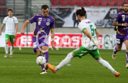 Fussball Bundesliga. SK Austria Klagenfurt gegen SC Austria Lustenau.  Andrew Irving,  (Klagenfurt), Jean Hugonet (Lustenau). Klagenfurt, am 8.10.2022.
Foto: Kuess
---
pressefotos, pressefotografie, kuess, qs, qspictures, sport, bild, bilder, bilddatenbank