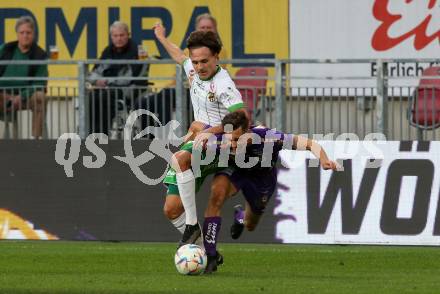 Fussball Bundesliga. SK Austria Klagenfurt gegen SC Austria Lustenau.  Till Sebastian Schumacher, (Klagenfurt), Lukas Fridrikas  (Lustenau). Klagenfurt, am 8.10.2022.
Foto: Kuess
---
pressefotos, pressefotografie, kuess, qs, qspictures, sport, bild, bilder, bilddatenbank