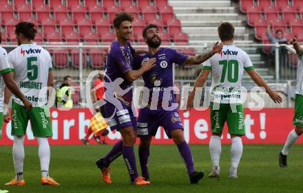 Fussball Bundesliga. SK Austria Klagenfurt gegen SC Austria Lustenau.  Torjubel Thorsten Mahrer, Kosmas Gkezos (Klagenfurt). Klagenfurt, am 8.10.2022.
Foto: Kuess
---
pressefotos, pressefotografie, kuess, qs, qspictures, sport, bild, bilder, bilddatenbank