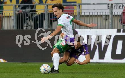 Fussball Bundesliga. SK Austria Klagenfurt gegen SC Austria Lustenau. Till Sebastian Schumacher,  (Klagenfurt), Lukas Fridrikas  (Lustenau). Klagenfurt, am 8.10.2022.
Foto: Kuess
---
pressefotos, pressefotografie, kuess, qs, qspictures, sport, bild, bilder, bilddatenbank