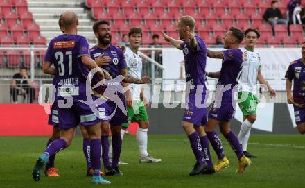 Fussball Bundesliga. SK Austria Klagenfurt gegen SC Austria Lustenau.  Torjubel Thorsten Mahrer, Kosmas Gkezos, Nicolas Wimmer, Christopher Cvetko, Florian Rieder (Klagenfurt). Klagenfurt, am 8.10.2022.
Foto: Kuess
---
pressefotos, pressefotografie, kuess, qs, qspictures, sport, bild, bilder, bilddatenbank