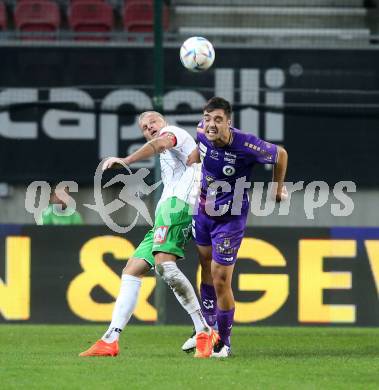 Fussball Bundesliga. SK Austria Klagenfurt gegen SC Austria Lustenau.  Nikola Doric,  (Klagenfurt),  Matthias Maak (Lustenau). Klagenfurt, am 8.10.2022.
Foto: Kuess
---
pressefotos, pressefotografie, kuess, qs, qspictures, sport, bild, bilder, bilddatenbank