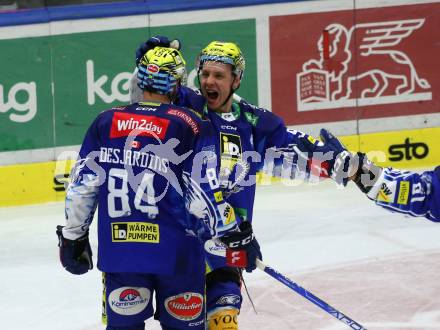 EBEL. Eishockey Bundesliga. VSV gegen HC Pustertal Woelfe.  Torjubel Andrew Desjardins, Blaz Tomazevic (VSV). Villach, am 14.10.2022.
Foto: Kuess
www.qspictures.net
---
pressefotos, pressefotografie, kuess, qs, qspictures, sport, bild, bilder, bilddatenbank