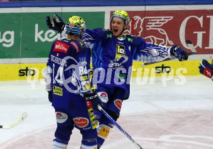 EBEL. Eishockey Bundesliga. VSV gegen HC Pustertal Woelfe.  Torjubel Andrew Desjardins, Blaz Tomazevic (VSV). Villach, am 14.10.2022.
Foto: Kuess
www.qspictures.net
---
pressefotos, pressefotografie, kuess, qs, qspictures, sport, bild, bilder, bilddatenbank