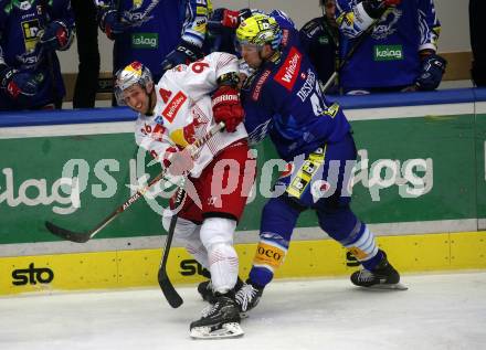 EBEL. Eishockey Bundesliga. EC VSV gegen EC Red Bull Salzburg.  Simon Despres, (VSV),    Mario Huber  (Salzburg). Villach, am 23.10.2022.
Foto: Kuess
www.qspictures.net
---
pressefotos, pressefotografie, kuess, qs, qspictures, sport, bild, bilder, bilddatenbank