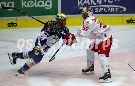 EBEL. Eishockey Bundesliga. EC VSV gegen EC Red Bull Salzburg.  Anthony Luciani, (VSV),    Chay Genoway  (Salzburg). Villach, am 23.10.2022.
Foto: Kuess
www.qspictures.net
---
pressefotos, pressefotografie, kuess, qs, qspictures, sport, bild, bilder, bilddatenbank