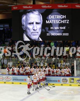 EBEL. Eishockey Bundesliga. EC VSV gegen EC Red Bull Salzburg.   Gedenkminute fuer Dietrich Mateschitz. Villach, am 23.10.2022.
Foto: Kuess
www.qspictures.net
---
pressefotos, pressefotografie, kuess, qs, qspictures, sport, bild, bilder, bilddatenbank
