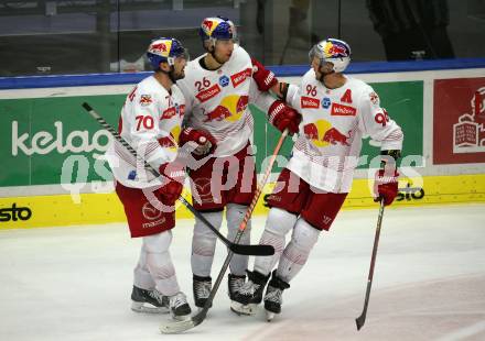 EBEL. Eishockey Bundesliga. EC VSV gegen EC Red Bull Salzburg. Torjubel Benjamin Nissner, Peter Hochkofler, Mario Huber (Salzburg). Villach, am 23.10.2022.
Foto: Kuess
www.qspictures.net
---
pressefotos, pressefotografie, kuess, qs, qspictures, sport, bild, bilder, bilddatenbank