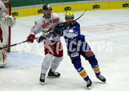 EBEL. Eishockey Bundesliga. EC VSV gegen EC Red Bull Salzburg.  Felix Maxa,  (VSV),    Tyler James Lewington (Salzburg). Villach, am 23.10.2022.
Foto: Kuess
www.qspictures.net
---
pressefotos, pressefotografie, kuess, qs, qspictures, sport, bild, bilder, bilddatenbank