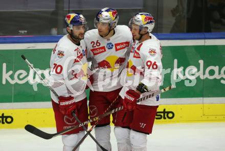 EBEL. Eishockey Bundesliga. EC VSV gegen EC Red Bull Salzburg. Torjubel Benjamin Nissner, Peter Hochkofler, Mario Huber (Salzburg). Villach, am 23.10.2022.
Foto: Kuess
www.qspictures.net
---
pressefotos, pressefotografie, kuess, qs, qspictures, sport, bild, bilder, bilddatenbank