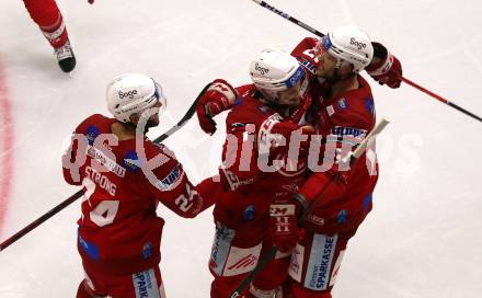 EBEL. Eishockey Bundesliga. EC KAC gegen  VSV.  Torjubel Steven Strong, Manuel Ganahl, Paul Postma (KAC). Klagenfurt, am 26.10.2022.
Foto: Kuess
www.qspictures.net
---
pressefotos, pressefotografie, kuess, qs, qspictures, sport, bild, bilder, bilddatenbank