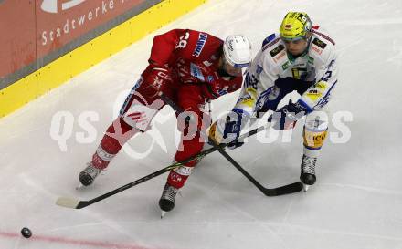 EBEL. Eishockey Bundesliga. EC KAC gegen  VSV.  Luka Gomboc, (KAC),  Nicolas Rivett-Mattinen   (VSV). Klagenfurt, am 26.10.2022.
Foto: Kuess
www.qspictures.net
---
pressefotos, pressefotografie, kuess, qs, qspictures, sport, bild, bilder, bilddatenbank