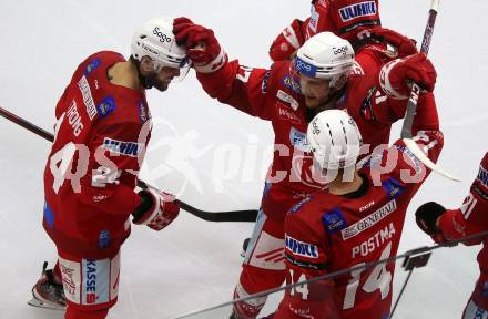 EBEL. Eishockey Bundesliga. EC KAC gegen  VSV.  Torjubel Steven Strong, Manuel Ganahl, Paul Postma (KAC). Klagenfurt, am 26.10.2022.
Foto: Kuess
www.qspictures.net
---
pressefotos, pressefotografie, kuess, qs, qspictures, sport, bild, bilder, bilddatenbank