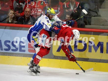 EBEL. Eishockey Bundesliga. EC KAC gegen  VSV.  Manuel Ganahl, (KAC), Alexander Rauchenwald    (VSV). Klagenfurt, am 26.10.2022.
Foto: Kuess
www.qspictures.net
---
pressefotos, pressefotografie, kuess, qs, qspictures, sport, bild, bilder, bilddatenbank