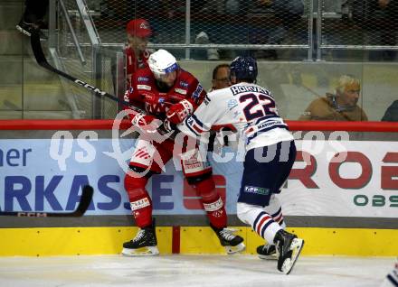 EBEL. Eishockey Bundesliga. EC KAC gegen  Hydro Fehervar AV 19.  Rok Ticar, (KAC),    Milan Horvath  (Fehervar). Klagenfurt, am 28.10.2022.
Foto: Kuess
www.qspictures.net
---
pressefotos, pressefotografie, kuess, qs, qspictures, sport, bild, bilder, bilddatenbank