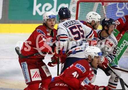 EBEL. Eishockey Bundesliga. EC KAC gegen  Hydro Fehervar AV 19.  Finn Van Ee,  (KAC),    Andrew Sarauer  (Fehervar). Klagenfurt, am 28.10.2022.
Foto: Kuess
www.qspictures.net
---
pressefotos, pressefotografie, kuess, qs, qspictures, sport, bild, bilder, bilddatenbank