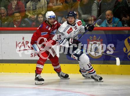 EBEL. Eishockey Bundesliga. EC KAC gegen  Hydro Fehervar AV 19.  Lukas Haudum,  (KAC),    Istvan Bartalis (Fehervar). Klagenfurt, am 28.10.2022.
Foto: Kuess
www.qspictures.net
---
pressefotos, pressefotografie, kuess, qs, qspictures, sport, bild, bilder, bilddatenbank