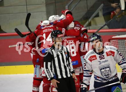 EBEL. Eishockey Bundesliga. EC KAC gegen  Hydro Fehervar AV 19. Torjubel Matthew Fraser, Lukas Haudum, Thomas Koch, Steven Strong, Paul Postma  (KAC). Klagenfurt, am 28.10.2022.
Foto: Kuess
www.qspictures.net
---
pressefotos, pressefotografie, kuess, qs, qspictures, sport, bild, bilder, bilddatenbank