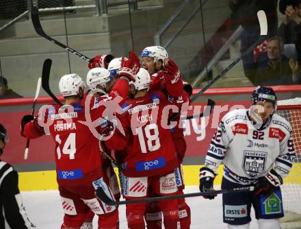 EBEL. Eishockey Bundesliga. EC KAC gegen  Hydro Fehervar AV 19. Torjubel Matthew Fraser, Lukas Haudum, Thomas Koch, Steven Strong, Paul Postma  (KAC). Klagenfurt, am 28.10.2022.
Foto: Kuess
www.qspictures.net
---
pressefotos, pressefotografie, kuess, qs, qspictures, sport, bild, bilder, bilddatenbank