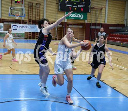 Basketball Damen Superliga. Grunddurchgang 5. Runde. KOS Celovec Damen gegen Vienna United Women.  Alina Seher  (KOS),  Theresa Stejskal (Vienna United Women). Klagenfurt, 29.10.2022.
Foto: Kuess
---
pressefotos, pressefotografie, kuess, qs, qspictures, sport, bild, bilder, bilddatenbank