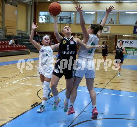 Basketball Damen Superliga. Grunddurchgang 5. Runde. KOS Celovec Damen gegen Vienna United Women. Antonia Ronacher,  Alina Seher  (KOS), Marie-Christine Loderer  (Vienna United Women). Klagenfurt, 29.10.2022.
Foto: Kuess
---
pressefotos, pressefotografie, kuess, qs, qspictures, sport, bild, bilder, bilddatenbank