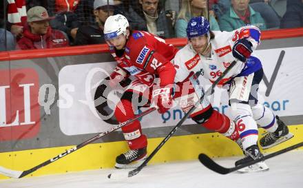 EBEL. Eishockey Bundesliga. EC KAC gegen  HC Innsbruck - Die Haie.  David Maier, (KAC),    Martin Ulmer  (Innsbruck). Klagenfurt, am 1.11.2022.
Foto: Kuess
www.qspictures.net
---
pressefotos, pressefotografie, kuess, qs, qspictures, sport, bild, bilder, bilddatenbank