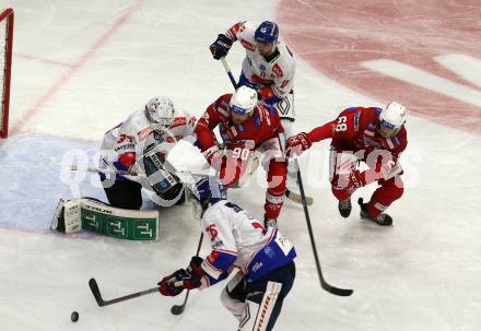 EBEL. Eishockey Bundesliga. EC KAC gegen  HC Innsbruck - Die Haie. Matthew Fraser, Luka Gomboc,  (KAC),  Thomas Edward McCollum, Daniel Jakubitzka, Daniel Leavens   (Innsbruck). Klagenfurt, am 1.11.2022.
Foto: Kuess
www.qspictures.net
---
pressefotos, pressefotografie, kuess, qs, qspictures, sport, bild, bilder, bilddatenbank