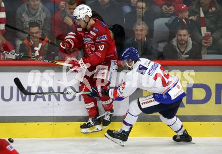 EBEL. Eishockey Bundesliga. EC KAC gegen  HC Innsbruck - Die Haie.  Thomas Vallant, (KAC),     Simon Bourque (Innsbruck). Klagenfurt, am 1.11.2022.
Foto: Kuess
www.qspictures.net
---
pressefotos, pressefotografie, kuess, qs, qspictures, sport, bild, bilder, bilddatenbank